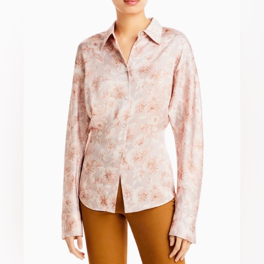 Vince Pink Floral Satin Button-Down Blouse